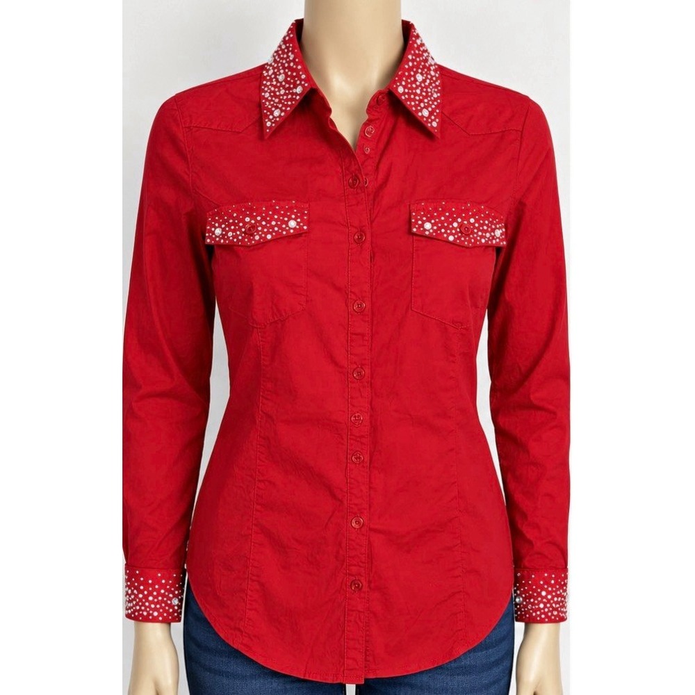 Christine Alexander Red Rhinestone Button-Down Collared Stretch Shirt Womens S